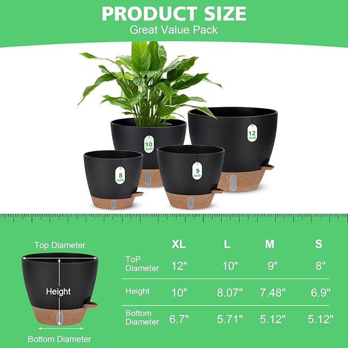 12" 10" 9" 8" Self Watering Pots with Water Level Indicator, Large Plastic Planters Set with Mesh Drainage Hole and Removable Saucer Reservoir, Big Flower Pot for Indoor Outdoor Plants (Black)