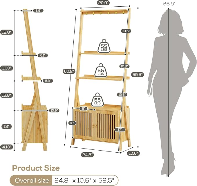 Bookcase with Drawers, 4-Tier Bamboo Bookshelf Ladder Shelf with 6 Hooks, Tall Narrow Book Shelf, 24.8"L x 10.6"W x 59.5"H, Standing Storage Organizer for Living Room, Home Office, Bedroom, Bathroom