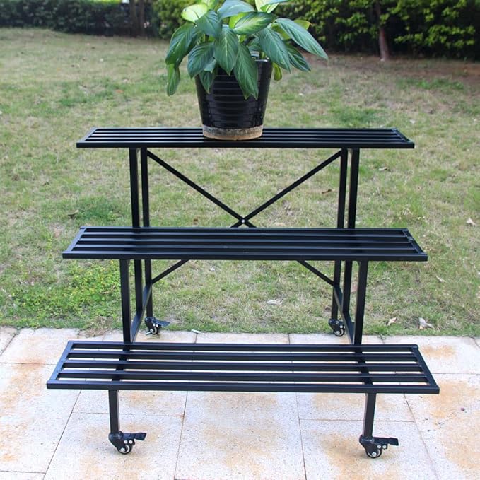Zhongma 3 Tier Sturdy Metal Plant Stand with Wheels, L35.43 x W26 x H26 inch, Heavy Duty Plant Holder for Home Indoor and Outdoor, 660 LBS Capacity & Heavy Duty Construction