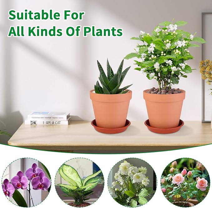 6 Pack 6 Inch Terracotta & Clay Pots with Saucer for Plants, Large Terra Cotta Plant Pot with Drainage Hole, Flowerpot for Indoor Outdoor Plants, Crafts, Wedding Favor