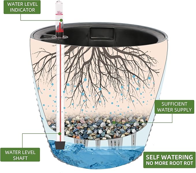 Dexceder 9x8 Inches Rattan Self Watering Planter Indoor Outdoor, Inner Pot Design, Thickened Table Flower Plant Pot with Water Level Indicator (Deep Gray)