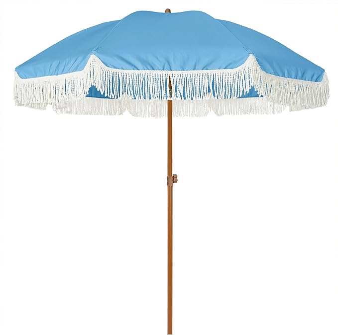 AMMSUN 7ft Patio Umbrella with Fringe Outdoor Tassel Umbrella UPF50+ Premium Steel Pole and Ribs Push Button Tilt, Sky Blue