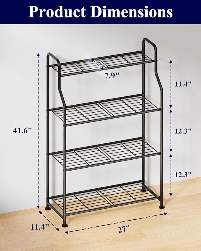 Kitsure Plant Stand Indoor & Outdoor - 4-Tier Metal Plant Shelf with Adjustable Leveling Feet, Easy to Assemble Planter Stand for Patio, Balcony, or Garden (Black, 27" x 11.4" x 41.6")