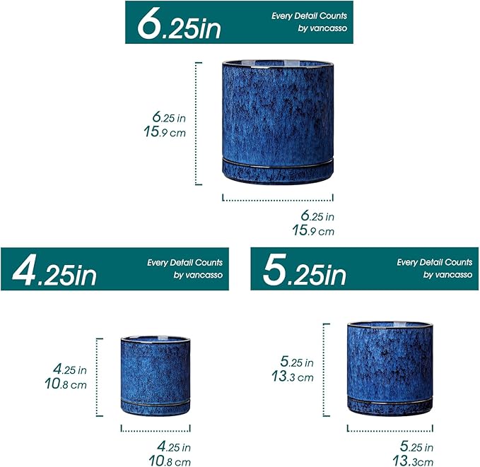 vancasso Ceramic Plant Pots, 3 Piece Planters for Indoor Plants, 4.25+5.25+6.25 Inch Flower Pots with Drainage, Plant Pots Indoor for Succulent, Pothos, Snake Plant and Money Tree, Etc (Blue)