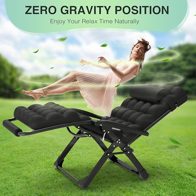 Suteck Oversized Zero Gravity Chair,33In XXL Lounge Chair w/Removable Cushion&Headrest, Reclining Camping Chair w/Upgraded Lock and Footrest, Reclining Patio Chairs Recliner for Indoor Outdoor,500LBS