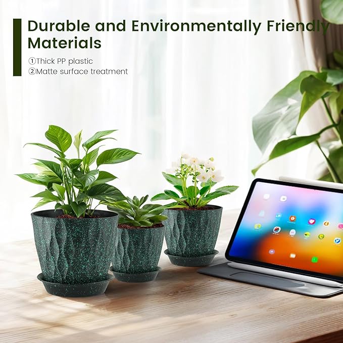 7/6.5/6/5.5/5/4.5/4 inch Plant Pots for Indoor Outdoor Plants, 7 Pack Thick Flower Pots with Drainage Holes and Saucers, Wave Texture Plastic Planters Nursery Pots, Black with Green Speckles