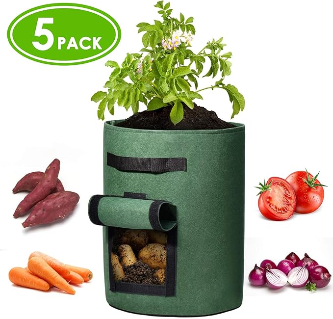 Delxo 5 Pack 7 Gallon Potato Growing Bags, Planter Garden Grow Bags with Flap, Double Layer Breathable Nonwoven Cloth for Planting,Vegetable,Tomato,Aeration Fabric Pots with Handles Green