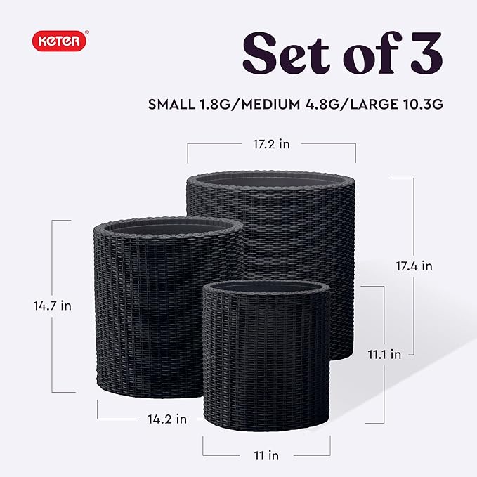 Keter Cylinder Set of 3 Rattan Resin Planter for Indoor and Outdoor Plants Ideal Decorative Planter for Porches and Patio Decor, Black