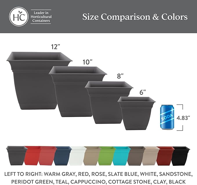 The HC Companies 8 Inch Eclipse Square Planter Pots with Drainage Holes & Attached Saucer, Lightweight UV-Resistant Plastic Indoor Outdoor Planters, 4-Pack Flower Pots for Garden Home Decor, Sandstone