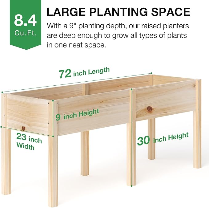 MIXC 72”L X 23”W Raised Garden Bed Outdoors with Legs, Elevated Reinforced Wooden Large Planter Box for Backyard, Patio, Balcony w/Divider Panel, 6 Legs, 300lb Capacity