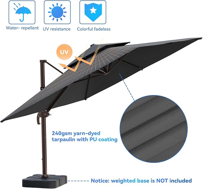 10x13FT Cantilever Outdoor Patio Umbrellas, Double Top Large Rectangle Umbrella, Heavy Duty 360° Rotation Offset Outdoor Sun Shade Umbrella for Garden Deck Pool Backyard Patio, Grey