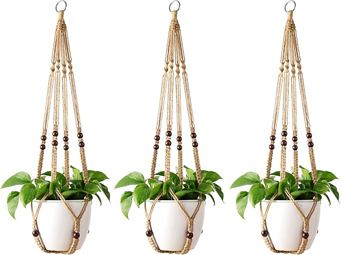 Mkono Macrame Plant Hanger Indoor Hanging Planter Basket with Wood Beads Decorative Flower Pot Holder No Tassels for Indoor Outdoor Boho Home Decor 35 Inch, Brown, Set of 3 (POTS NOT Included)