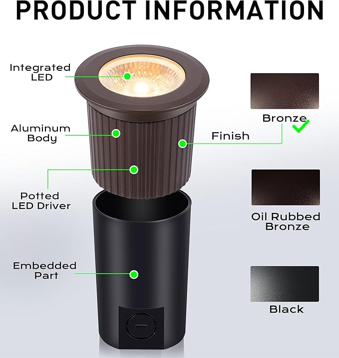 [6 Pack] CLOUDY BAY 9W LED Landscape Well Lights,2700K/3000K/3500K/4000K/5000K Selectable,Low Voltage 12V/24V Ground Lighting,Waterproof Outdoor In Ground Lights for Uplights,Bronze