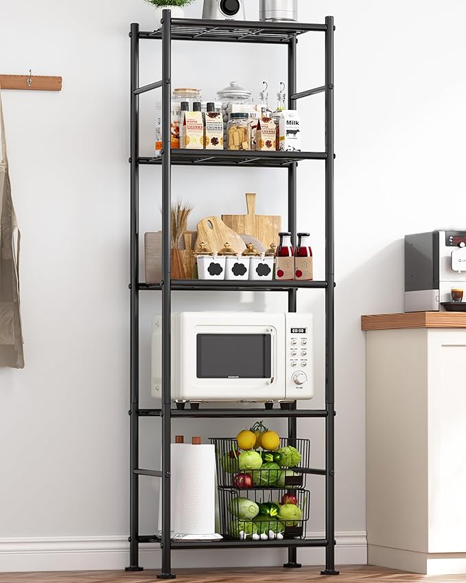 Storage Shelves - 5 Tier Shelf Organizer, Heavy Duty Garage Shelving Unit with Leveling Feet, Stable Metal Shelves Organizer for Pantry, Kitchen and Closet, 18.4" W x 12.6" D x 57.4" H, Black