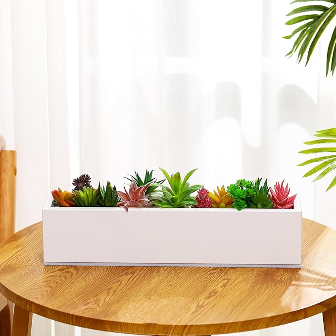16.1 x 3.2 x 3.5 Inch Long Rectangular Planter Box Window Sill Plant Box Metal Water Trough Indoor Large Modern Steel with Drainage Holes Herb Garden Home(White)