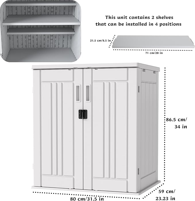 EHHLY Heavy Duty Small Storage Cabinet Outdoor Weatherproof, 14 Cuft Garage Storage Cabinet with 2 Adjustable Shelves, Lockable Kitchen Pantry Closer Organizer, 31Wx23Lx34H, Polar White