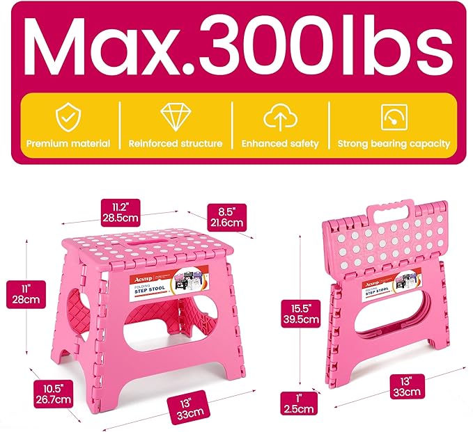 ACSTEP Folding Step Stool for Adults-11 Height Lightweight Plastic Stepping Stool. Foldable Step Stool Hold up to 300lbs Non Slip Collapsible Stool Pink