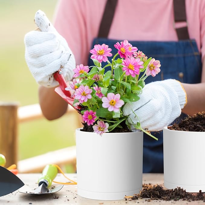 10/8/6 inch Deep Flower Pots, 3 Pack Cylinder Tall Plant Pots for Outdoor Indoor Plants, Large Decorative Plastic Planters with Drainage Holes and Saucers for Garden House Plants, White