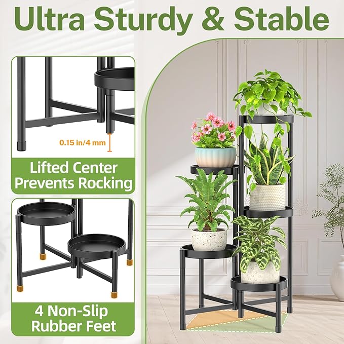 iDavosic.ly Plant Stand Indoor Outdoor, 5 Tier Corner Metal Flower Display Holder Shelf, Easy Assembly Folding Tall Orchid Rack for Patio Balcony Porch Garden Living Room House, Black