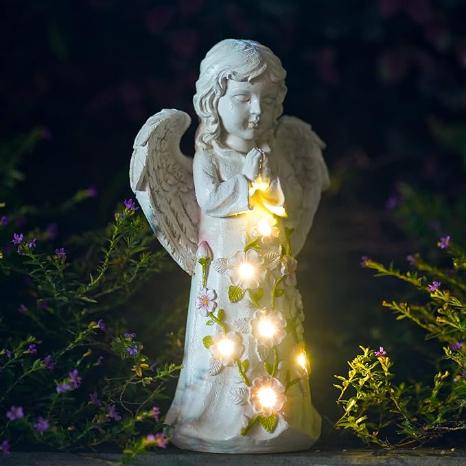 Nacome Garden Outdoor Statues Angel with Succulent and 7 LED Lights – Lawn Decor for Patio, Balcony, Yard Ornament - Chrismtas Gifts for Mom Grandma