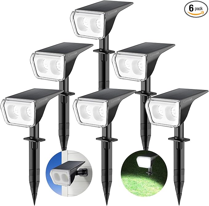 Consciot Solar Spot Lights Outdoor Waterproof, 24 LED Dusk-to-Dawn Solar Outdoor Lights, 2 in 1 Adjustable Wall Lights, Daylight Solar Landscape Spotlights for Garden Yard Wall Walkway, 6 Pack