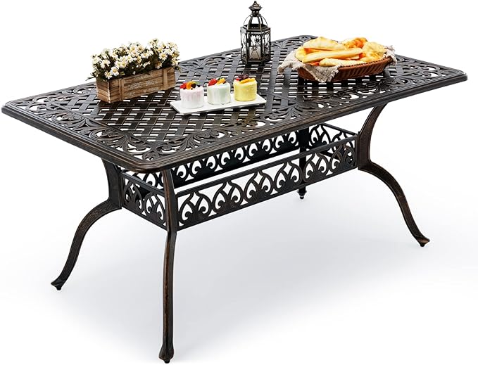Outdoor Patio Dining Table - All-Weather Cast Aluminum 60" x 28.5“ Patio Rectangular Table with 2" Umbrella Hole for Balcony Lawn Garden Backyard