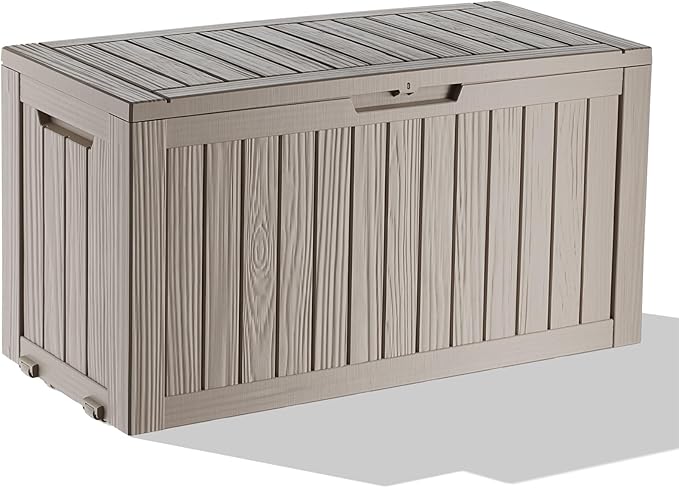 ROJIK Outdoor Storage Housing Deck Box - Waterproof Patio Furniture, Garden Tools, Cushions, Pool Accessories Storage Bench with Lockable Lid and Side Handles (Grey 78 Gal)