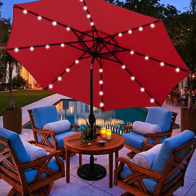 Blissun 9 ft Solar Umbrella, 32 LED Lighted Patio Umbrella, Table Market Umbrella, Outdoor Umbrella for Garden, Deck, Backyard, Pool and Beach (Red)