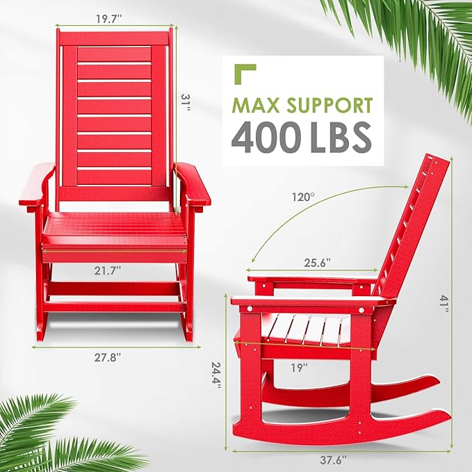 GREENVINES Outdoor Rocking Chair Set | 3-Piece | 2 Rocking Chairs with 1 Side Table | Porch Rocker | HDPE Plastic | Red | Patio Furniture Sets | High Back | Big & Tall | Ladder Back