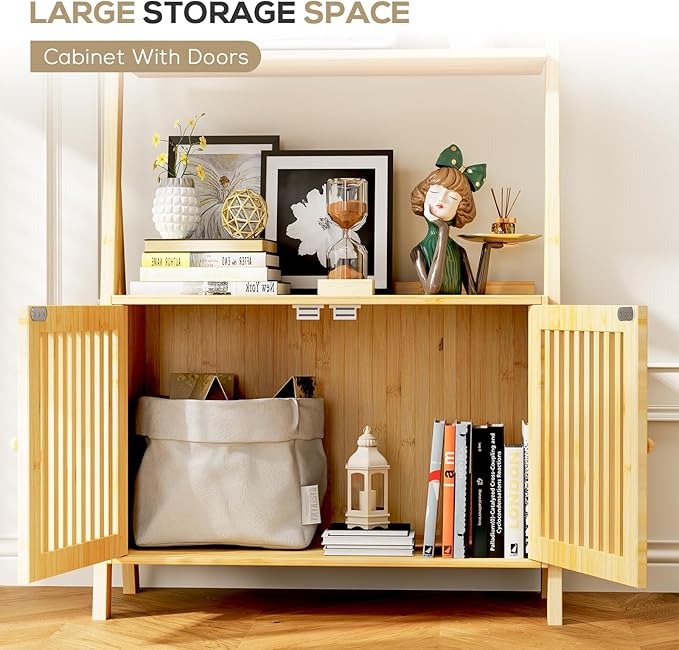 Bookcase with Drawers, 4-Tier Bamboo Bookshelf Ladder Shelf with 6 Hooks, Tall Narrow Book Shelf, 24.8"L x 10.6"W x 59.5"H, Standing Storage Organizer for Living Room, Home Office, Bedroom, Bathroom
