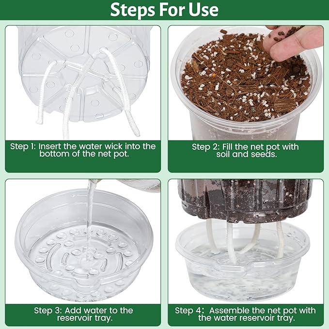12 Pack 6.5 Inch Clear Self Watering Plant Pots with Bottom Water Tray & Watering Rope, Transparent Nursery Pots with Drainage for Seedlings, Herbs, and Houseplants