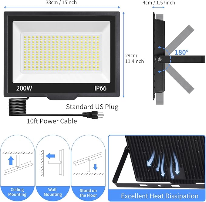 200W LED Flood Light Outdoor with Plug+10ft Wire, 24000Lm Super Brighter Security Light, IP66 Waterproof LED Worklight, 5000K Daylight White Exterior Floodlight for Yard Garden Garage Stadium(2 Pack)