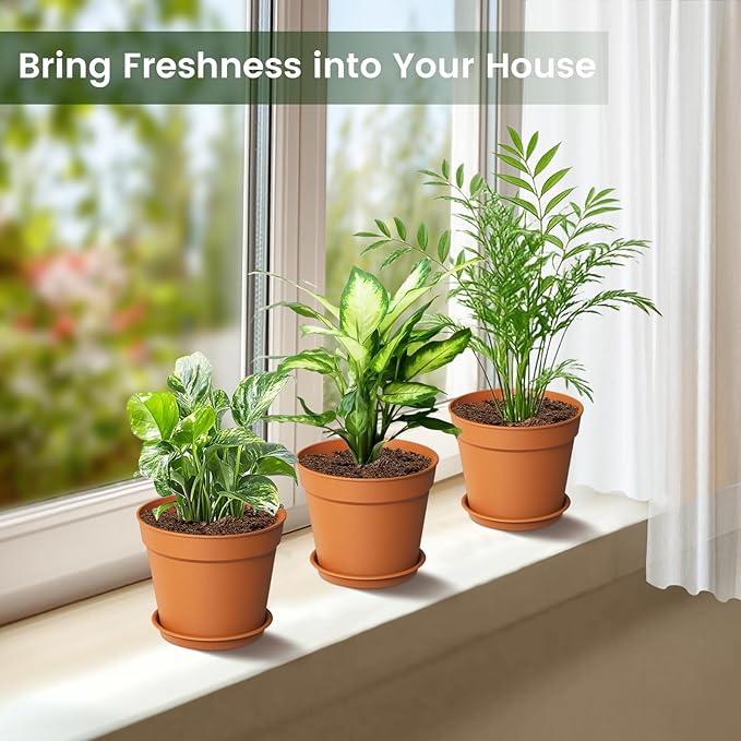20 Pack 6 Inch Plant Pots with Drainage and Saucers, Plastic Flower Pots for Indoor and Outdoor Plants, Stackable Nursery Planters for Houseplants and Herbs, Terracotta