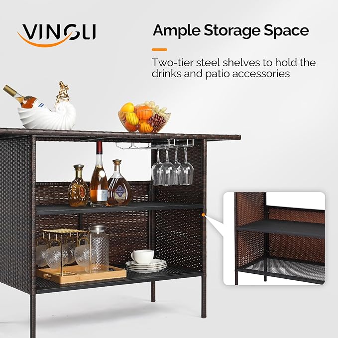 VINGLI Wicker Outdoor Bar Table with 2 Steel Shelves, Sets of Rails, Rattan Patio Storage for Backyard, Poolside, Garden