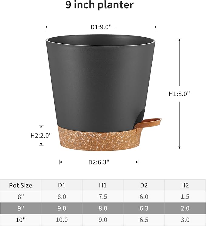 FaithLand 2-Pack 9 Inch Planter Pots for Indoor Outdoor Plants, Self Watering Flower Pots with Deep Reservoir, Black with Terracotta …
