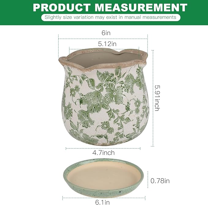 Ceramic-Planters-for-Indoor-Plants with Saucer, 6 inch Vintage Ice Crack Glaze Plant Pots with Drainage Holes, Decorative Flower Pots for Outdoor Garden Home Decor, Tuscan Pot for Plant