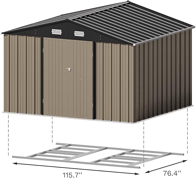 Patiowell 10 x 8 FT Outdoor Storage Shed with Floor Frame, Large Garden Tool Metal Shed with Sloping Roof and Double Lockable Door for Backyard Garden Patio Lawn,Brown