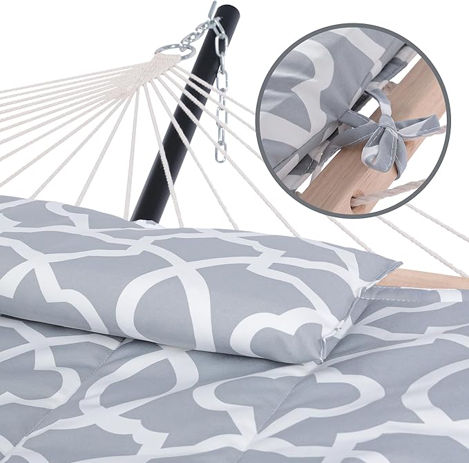 SUNCREAT Outdoor Double Hammock with Stand, Two Person Cotton Rope Hammock with Polyester Pad, Circle Pattern