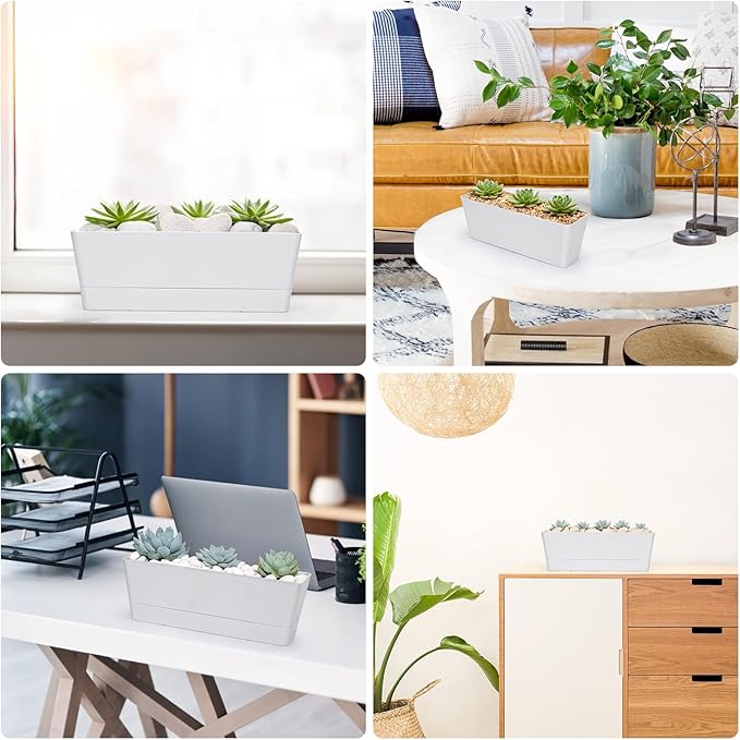 GREANER 12x3.8 Inch Herb Planters, 6 Pack White Rectangle Window Boxes with Tray, Indoor Succulent Cactus Mint Plastic Pot with Saucer for Windowsill, Balcony, Office, Outdoor Garden