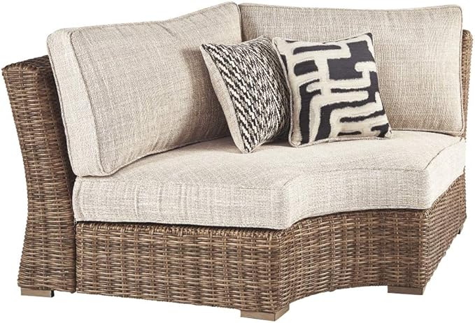 Signature Design by Ashley Beachcroft Outdoor Curved Corner Chair with Cushion, 2 Pillows, Performance Fabric, Resin Wicker, 18.5" Seat Height, Beige