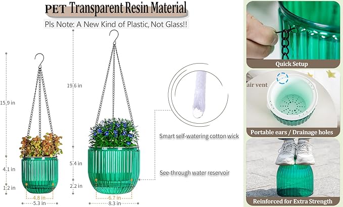 Melphoe 2 Pack Self Watering Hanging Planters Indoor Flower Pots, 5.3/8.3 Inch Outdoor Hanging Basket, Plant Hanger with 3Hooks Drainage Holes for Garden Home (Emerald)
