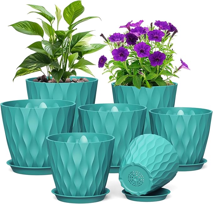 7/6.5/6/5.5/5/4.5/4 inch Plant Pots for Indoor Outdoor Plants, 7 Pack Thick Flower Pots with Drainage Holes and Saucers, Modern Wave Texture Small Plastic Planters Nursery Pots, Blue Green