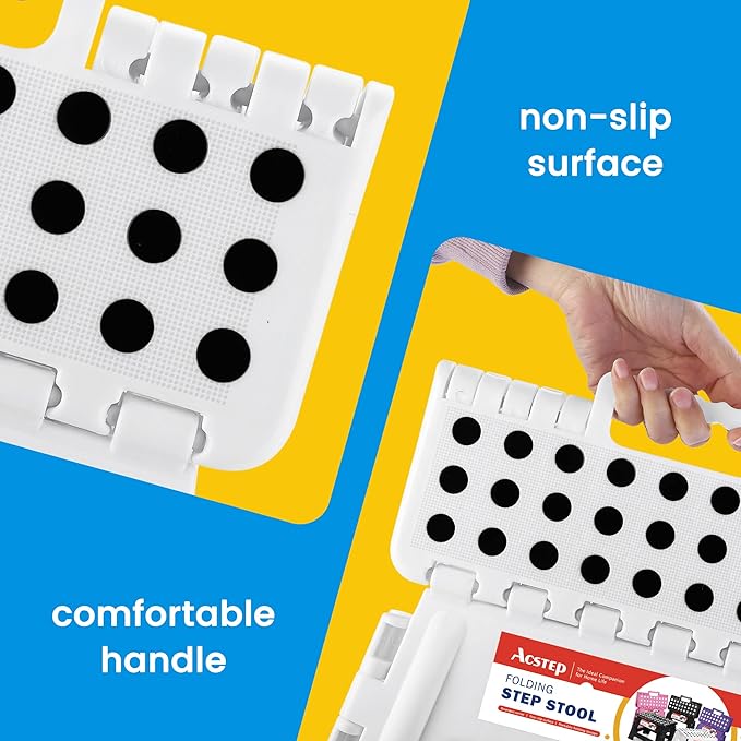 ACSTEP Folding Step Stool for Adults and Kids 11 Height Lightweight Plastic Stepping Stool Foldable Step Stool Hold up to 300lbs Non Slip Collapsible Stool White