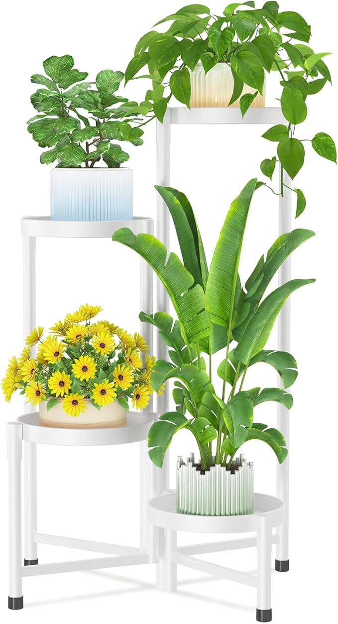 iDavosic.ly Plant Stand Indoor Outdoor, 4 Tier Corner Metal Flower Display Holder Shelf, Easy Assembly Folding Tall Orchid Rack for Patio Balcony Porch Garden Living Room House, White