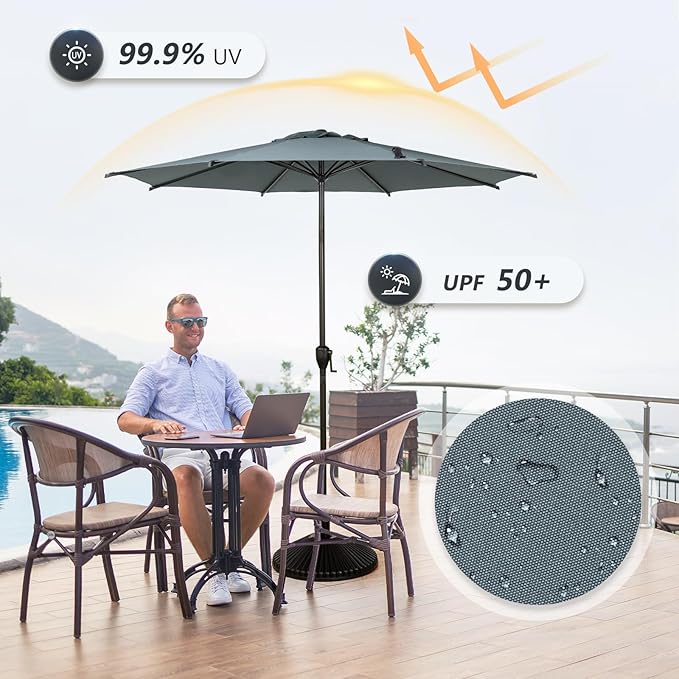 Abba Patio 11FT Lyon Outdoor Patio Umbrella Outdoor Table Umbrella with Push Button Tilt and Crank Market Umbrella 8 Sturdy Ribs UV Protection Waterproof for Garden Deck Backyard Pool Grey