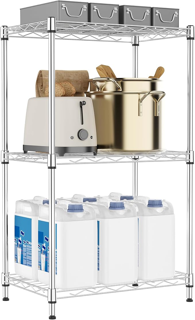 3 Tiers Shelf Metal Storage Shelves Wire Rack Closet Organizers with Wheel for Garage Kitchen Bathroom Laundry Chrome 11.8" D x 17.7" W x 28.8" H