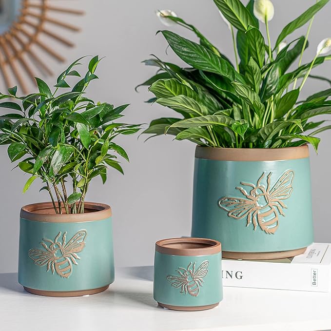 YBX Terracotta Pots Inch with Drainage Holes, Bee Decor, Ceramic Pots for Indoor Plants Flower Pots Outdoor, Succulent, Herbs, Snake Plants (Turquoise, 8+6+4 Inch)