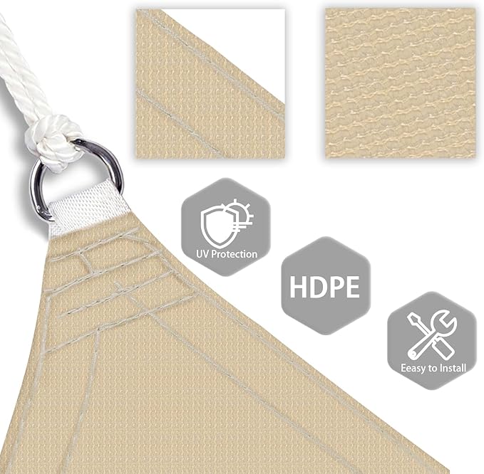 Patio Paradise 14' x 14' x 13'10" Sun Shade Sail Triangle Canopy, Permeable Shade Cloth Fabric Sunlight Block Patio Cover HDPE Deck Awning for Outdoor Backyard Pergolas Roof Shading, Sand