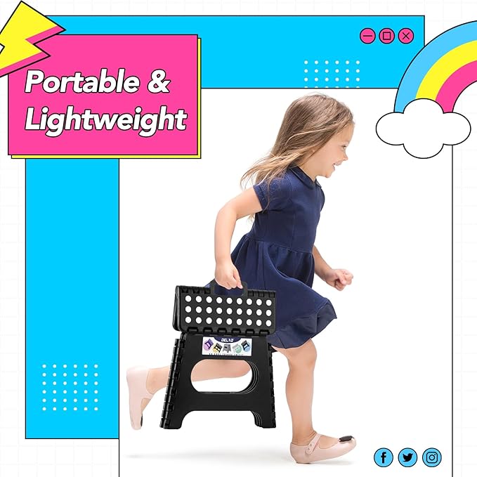 Delxo Folding Step Stool,11 Inch Non-Slip Foldable Step Stools for Kids and Adults,Portable Foldable Step Stool Lightweight Small Folding Stool with Handle for Kitchen Bathroom in Black,1 Pack