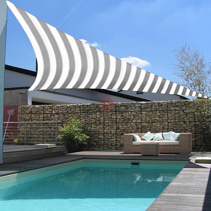 Patio Paradise 12' x 12' x 12' Sun Shade Sail Triangle Canopy Shade Cloth Fabric Sunlight Block Patio Pergola Cover HDPE Deck Awning for Outdoor Backyard Roof Shading, Gray White Strip